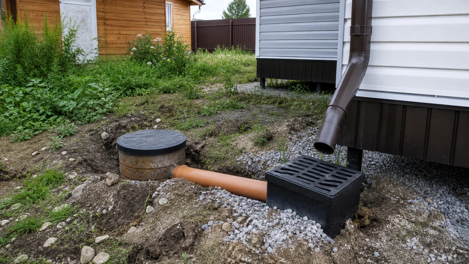 Ливневый колодец возле модульного дома